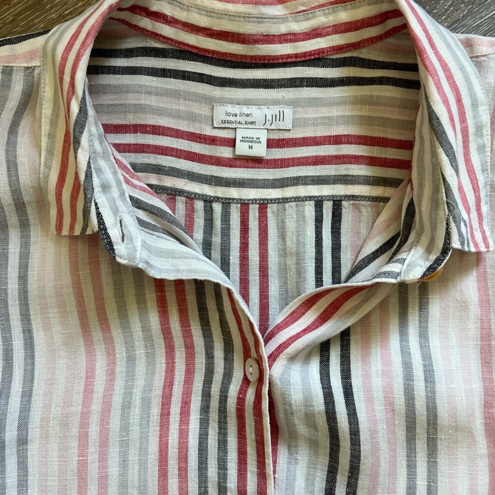 J. Jill Striped 100% Linen Button-Down Shirt in Red, Black, Pink, White size M